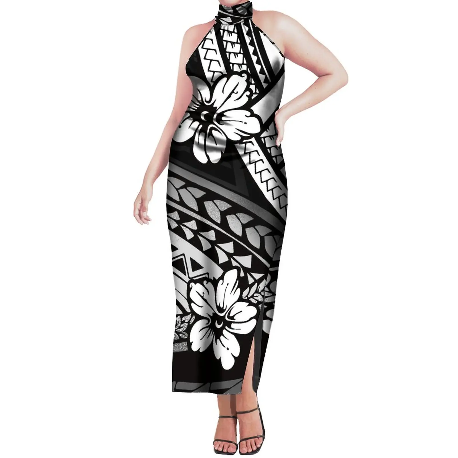 Off The Shoulder Woman Dress Hawaii Summer Samoa Tribal Print Dress Black And White Polynesian Print