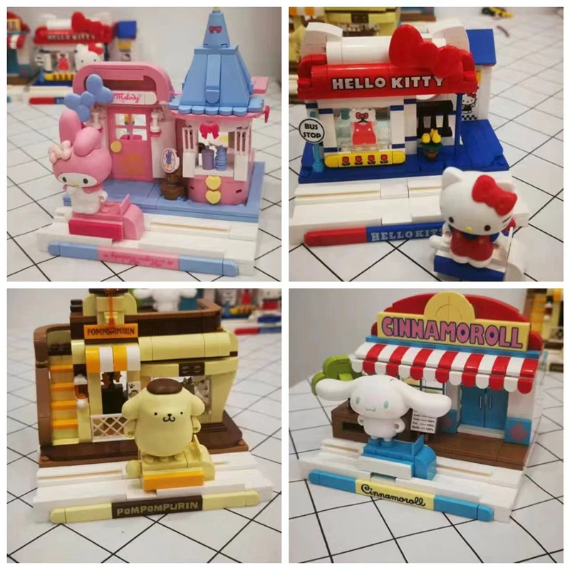 

Sanrio Kawaii Kuromi Cinnamoroll Mymelody Hello Model Building Blocks Bricks Kitty Anime Assembly Action Figures Set Toys Gift