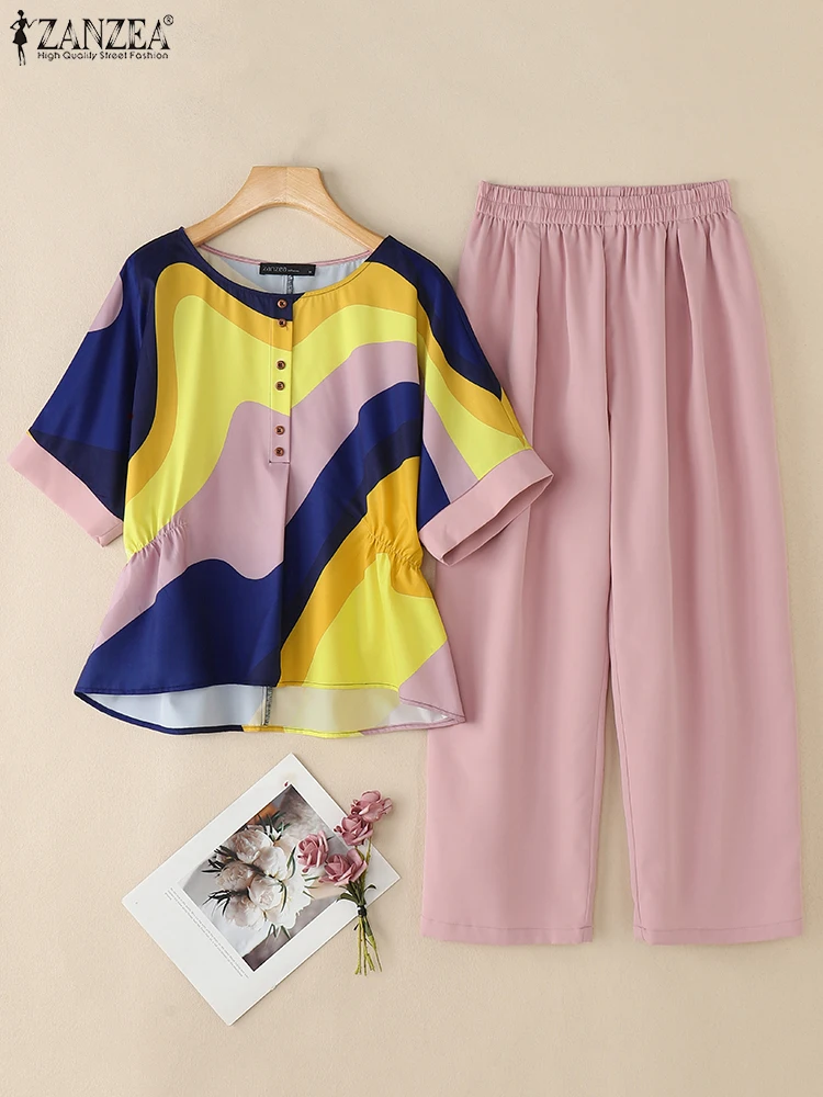 

2025 ZANZEA, летняя блузка с короткими рукавами и принтом, брючные костюмы, женские комплекты из 2 предметов, одинаковые комплекты, повседневные рабочие спортивные костюмы больших размеров