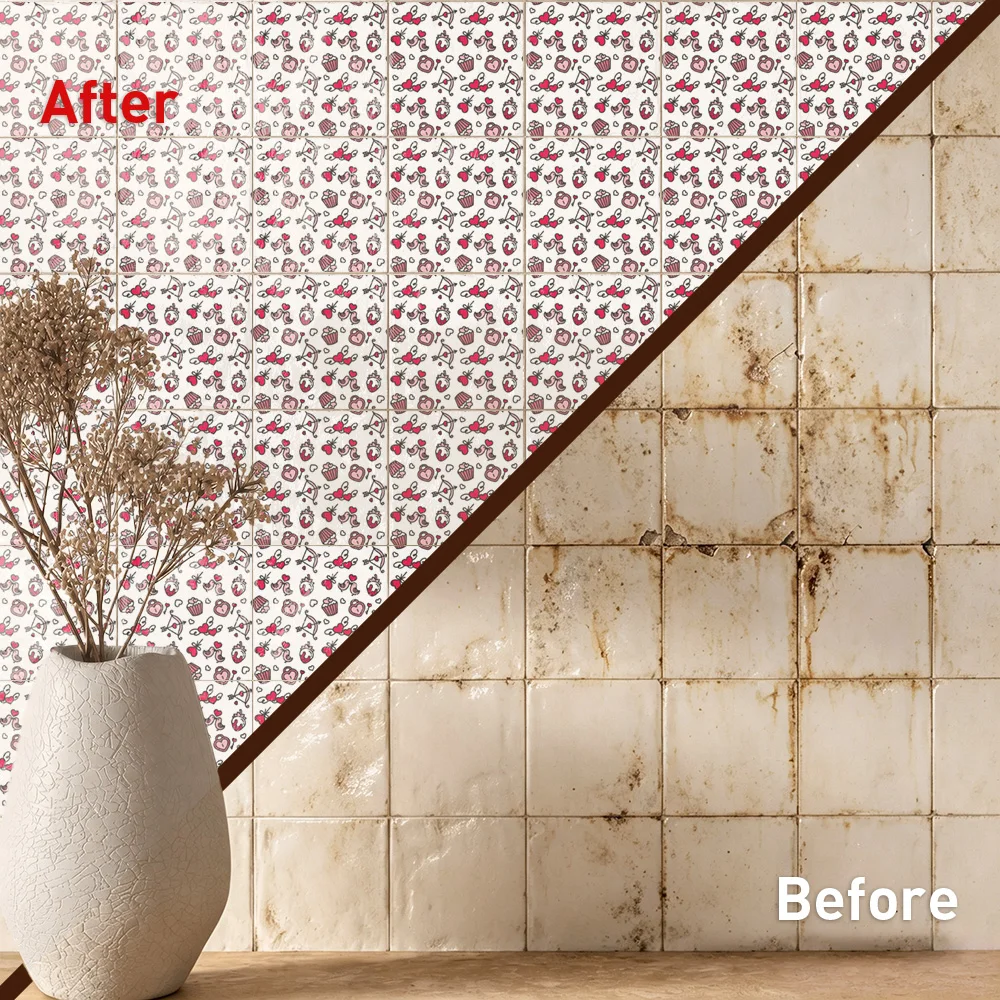 Cupid Hearts Tile Stickers Waterproof Peel and Stick Self Adhesive Oil Proof Backsplash Decals Floral Wallpaper for Homely Decor
