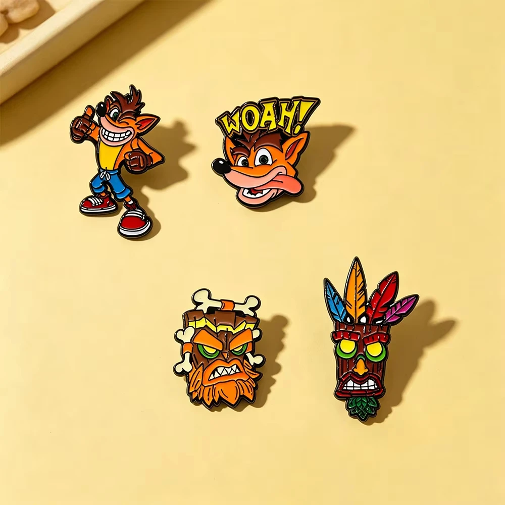 4Pc Crash Bandicoot Anime Enamel Pins Retro PS1 Game Character Tiki Mask Brooch Lapel Badge Backpack Hat Decor Fans Collect Gift
