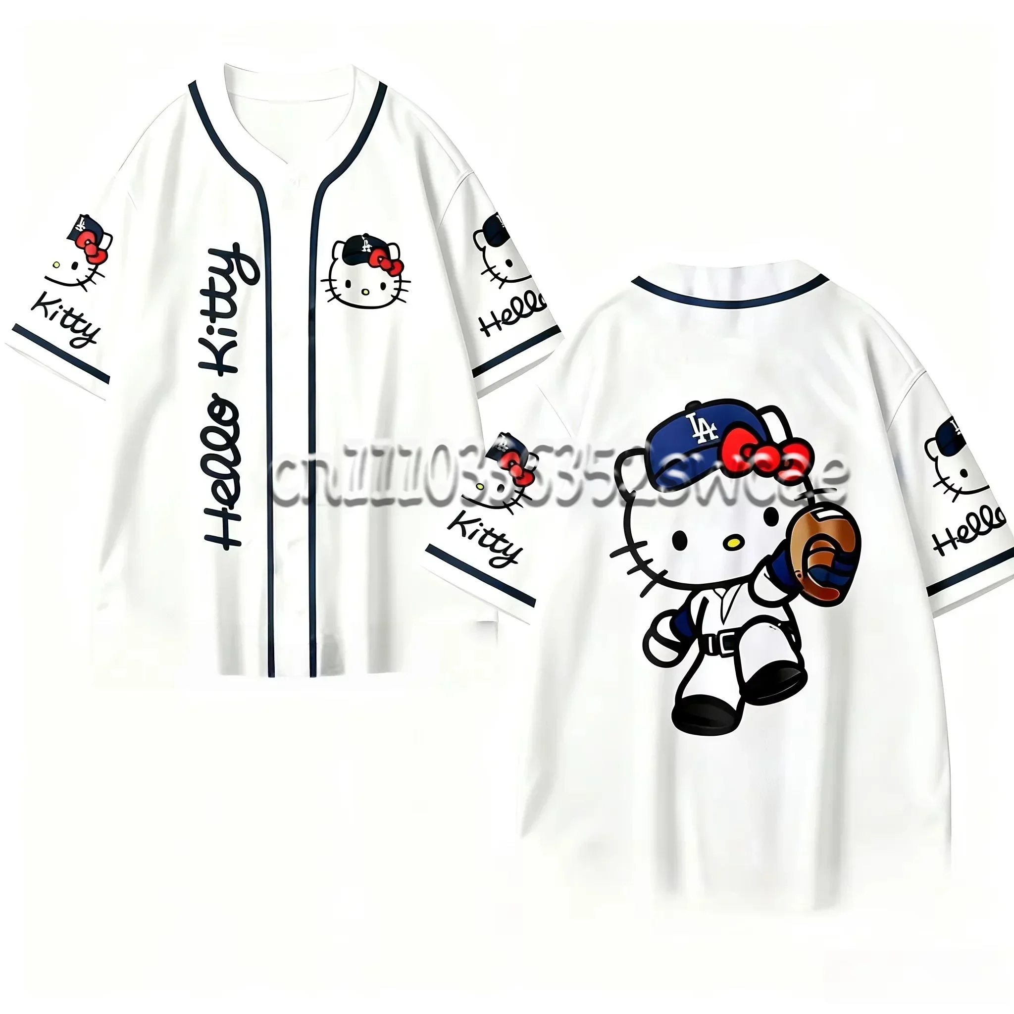 26/27 New Hot Sale Universal Baseball Short Sleeve Front Back Big Print Kitty Letter Loose Versatile Casual Top FamilyMatching