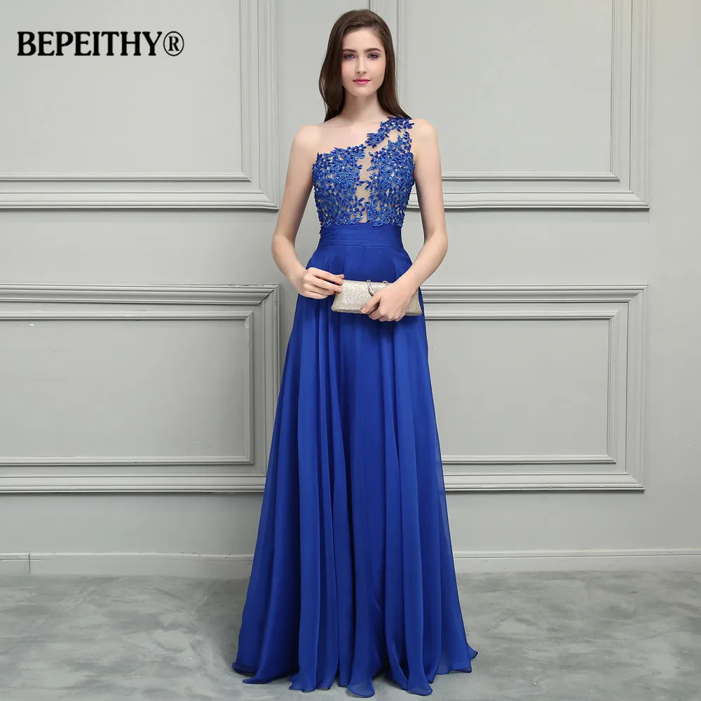 BEPEITHYCustomized Royal Blue Chiffon Prom Dress 2023 One Shoulder Lace Vintage Evening Dress Vestido Elegante Mujer Para Fiesta