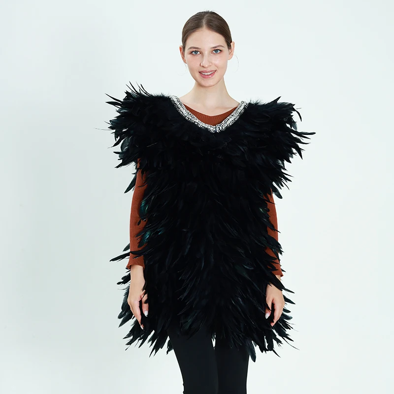 Women's Glamorous Black Feather Vest Dress With Crystal Sequin Collar Elegant Evening Costume Props