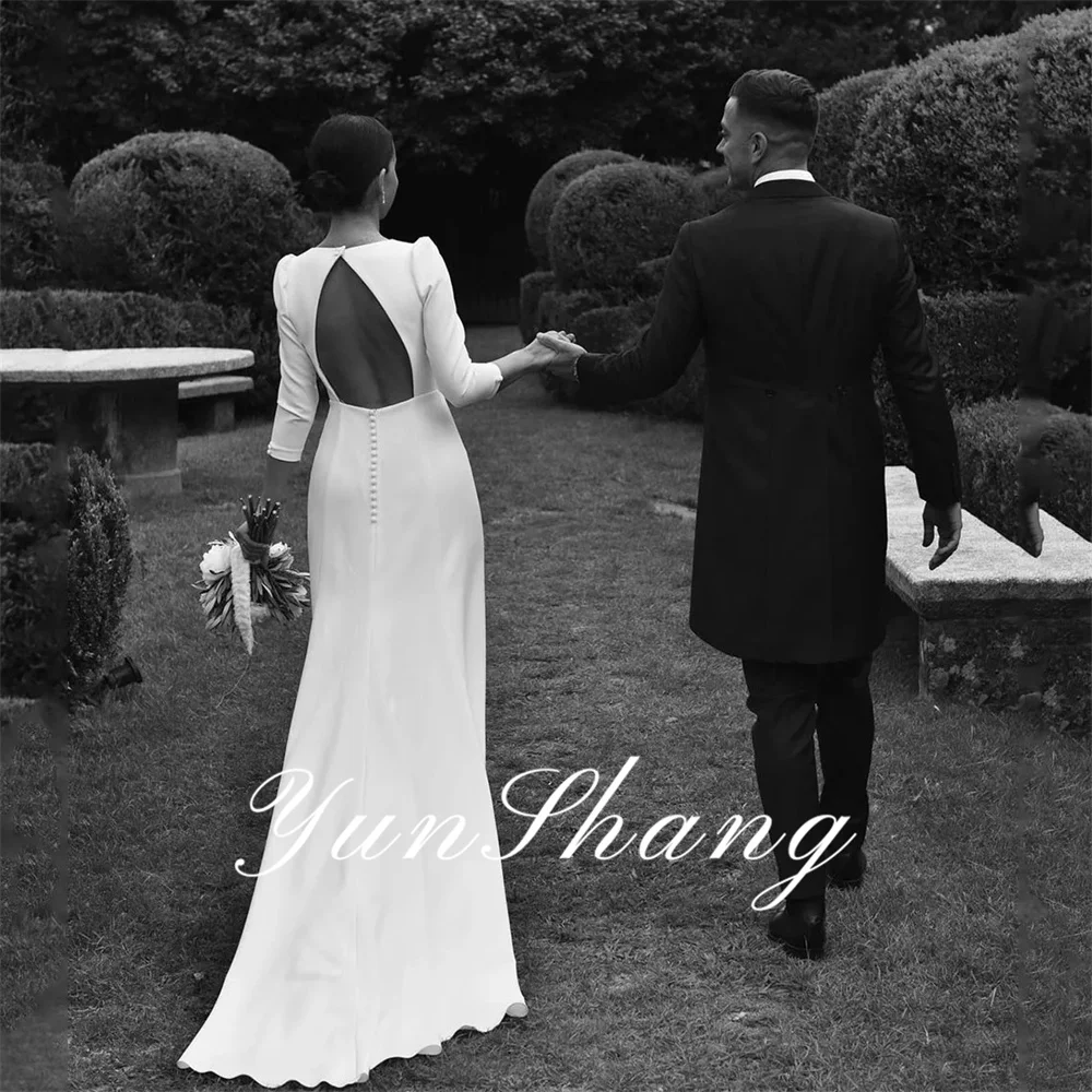 Yunshang V-Neck Wedding Dress 3/4 Sleeves Open Back Crepe Split Elegant Women Custom Made Bridal Gown Train Vestidos De Novia