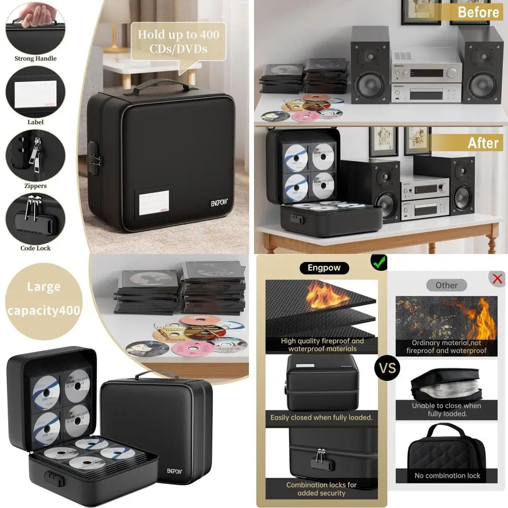 

CD/DVD Storage Case with Lock, Binder Organizer, 400 Capacity, Zippered Handle for Home, Office, Travel, Black