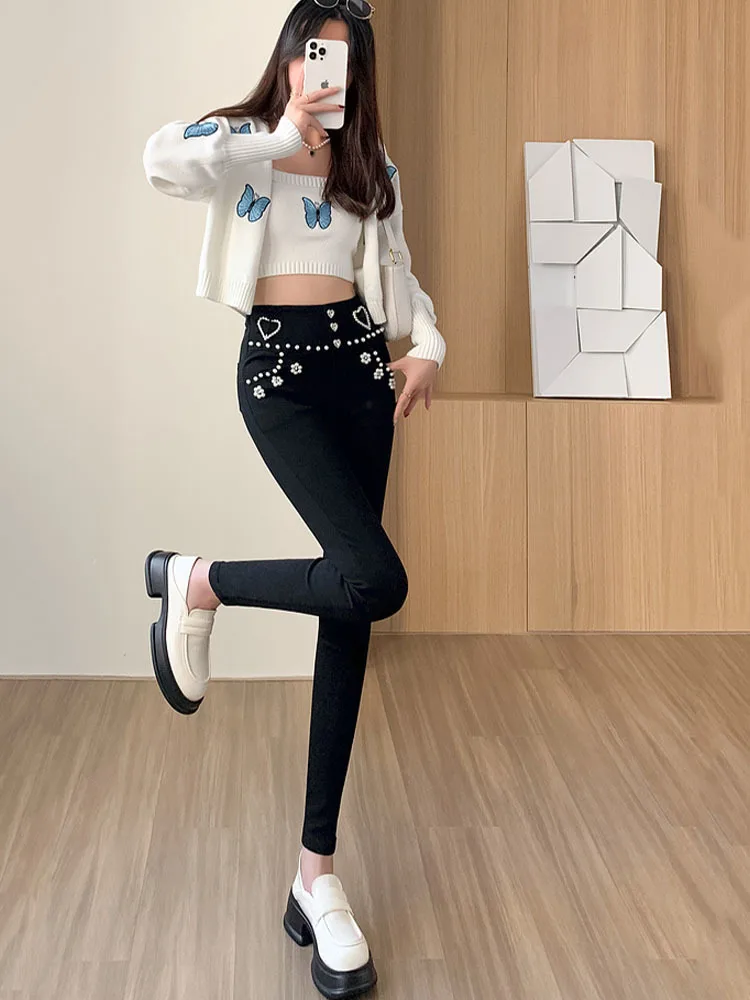 Streetwear Spring Women Luxury Embroidered Flares Pencil Pants Trousers White Black Slim High Waist Girls Single Buttons Pants
