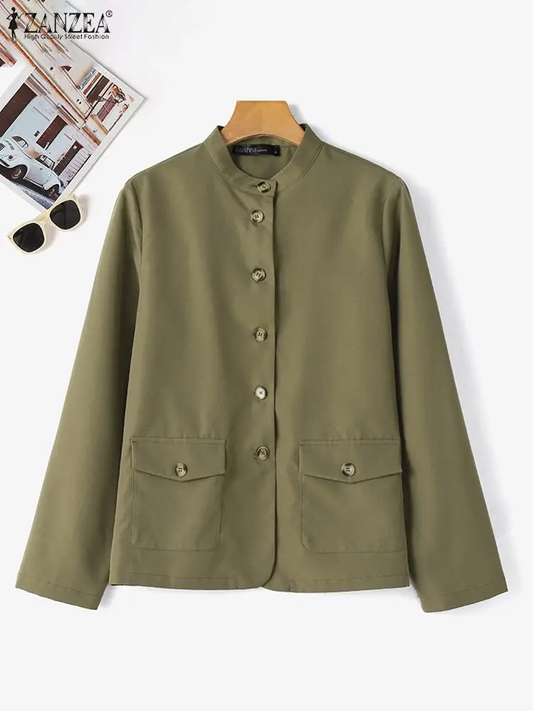 ZANZEA Women Spring Jackets Autumn Fashion Stand Collor Long Sleeve Thin Coats Casual Solid Work Outwear Loose Shirt Chaqueta