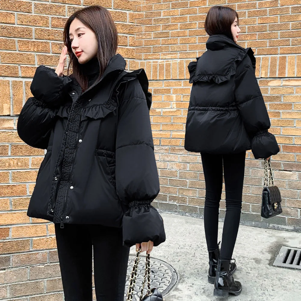 Fashion Ruffle Stand Collar Parkas Black Trumpet Sleeve Women Winter Jackets Elegant Ladies Cotton Outwear Coat Female Overcoat