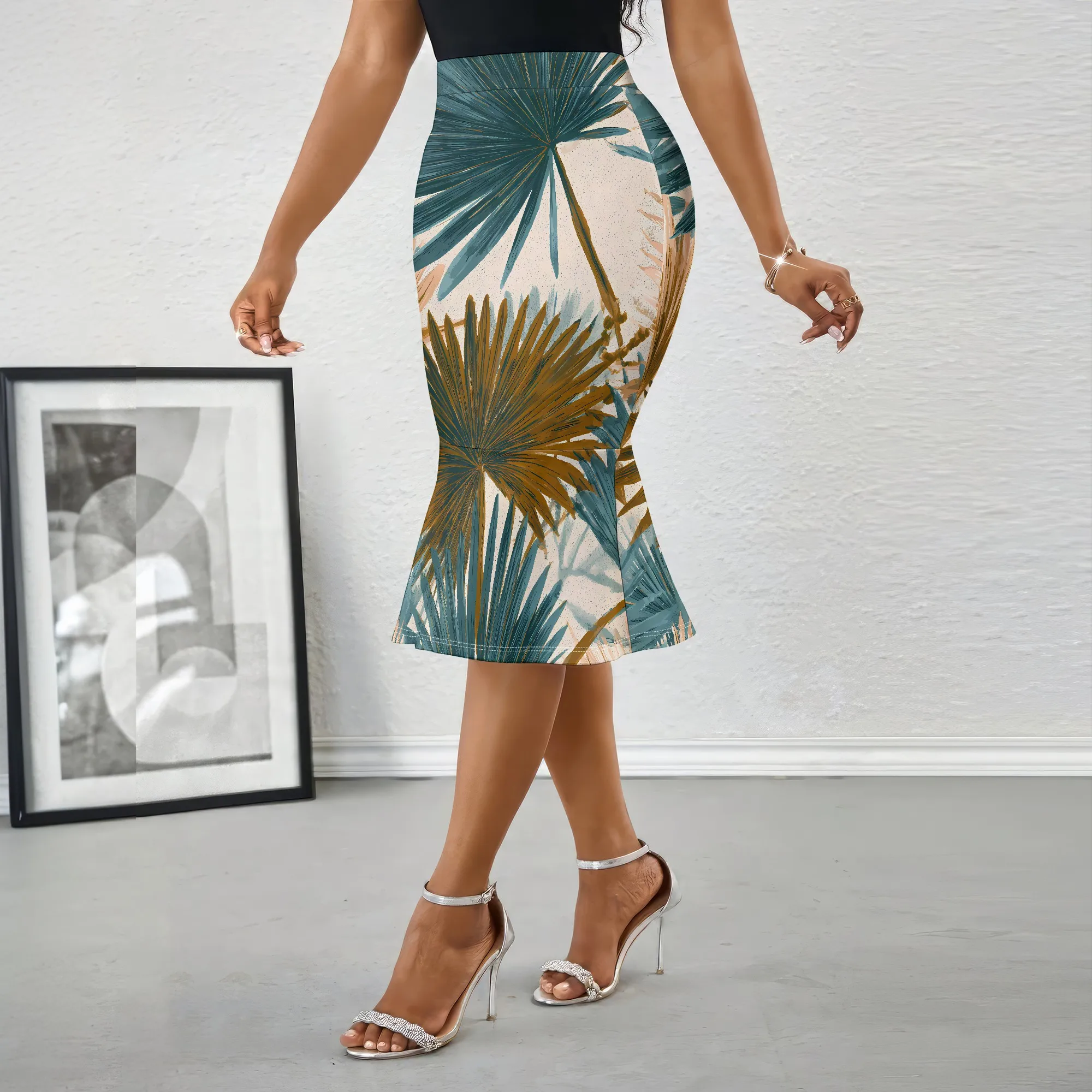 Palm Leaf Midi Skirt, Tropical Print Pencil Skirt, High Waist Mermaid Hem, Summer Beach Vacation Wear, S-2XL
