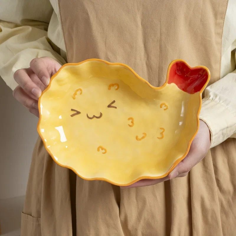 

Underglaze Cartoon Relief Plate Cute Shrimp Dish Ceramic Household High Aesthetic Tableware Dessert Plate