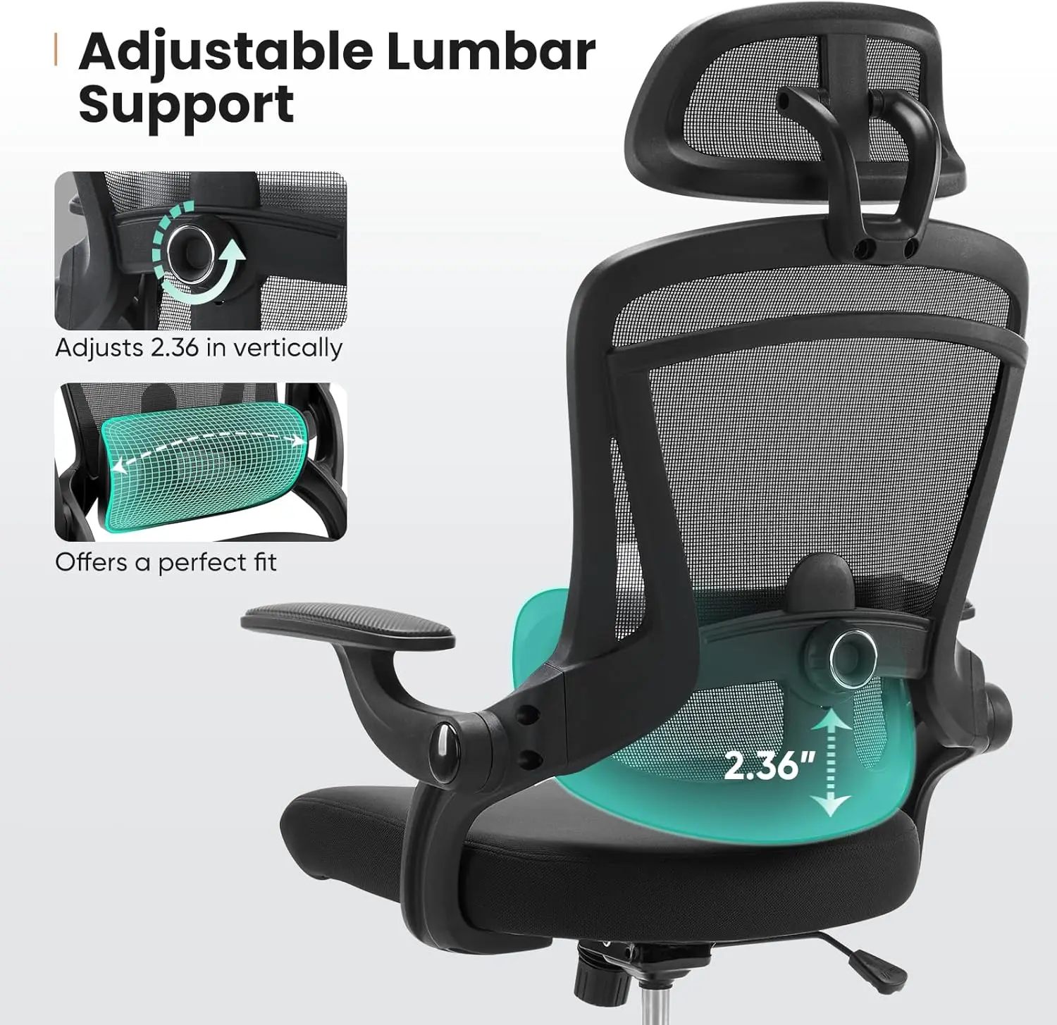 Ergonomic Office Chair, High Back Desk Chair with 2D Headrest, Up&Down Lumbar Support, Swivel Computer Task Mesh Chair