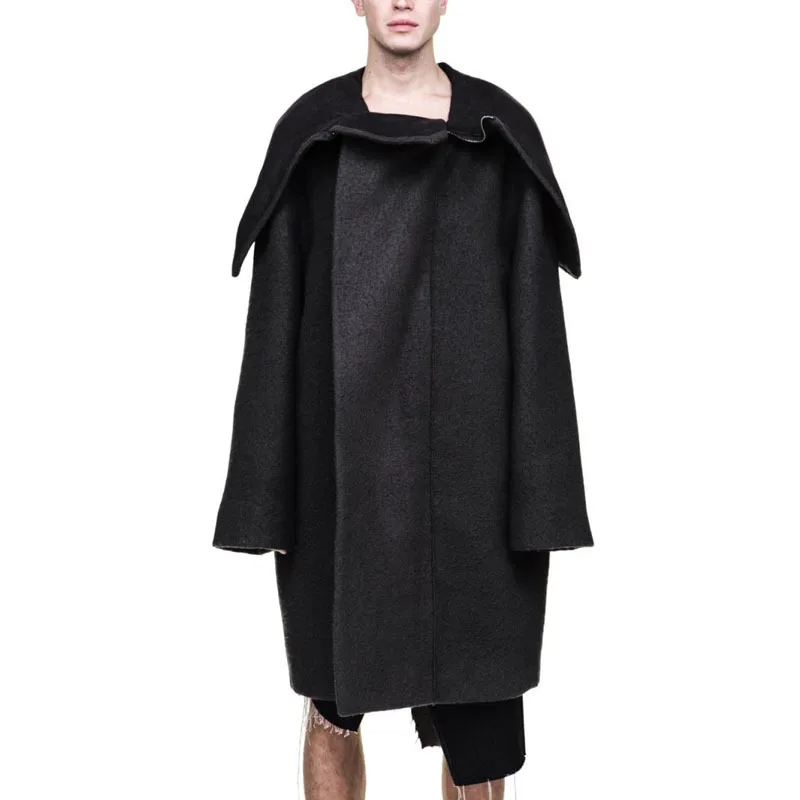 

Men's Woolen Coat Autumn And Winter New Fashion Trend Catwalk Personalized Hat Design Casual Super Loose Plus Size Coat