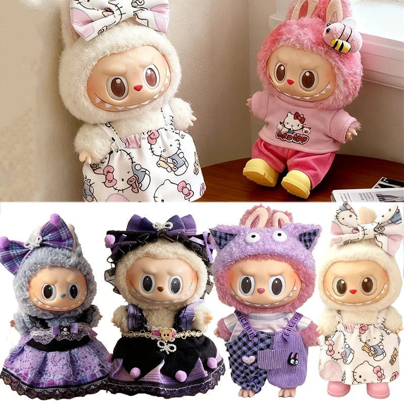 

15 17 см для куклы Labubu, милая футболка Hellokitty с героями мультфильмов, брюки-карго, одежда, волшебная темная стильная юбка, платье, одежда Kuromi