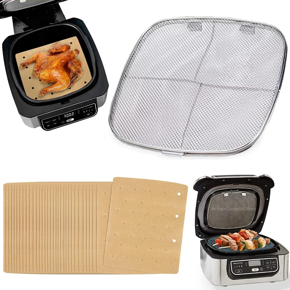 Replacement Stainless Steel Splatter Shield and Disposable Paper Liner Set for Ninja Foodi AG301 Non-Stick Barbecue AirFryer Mat