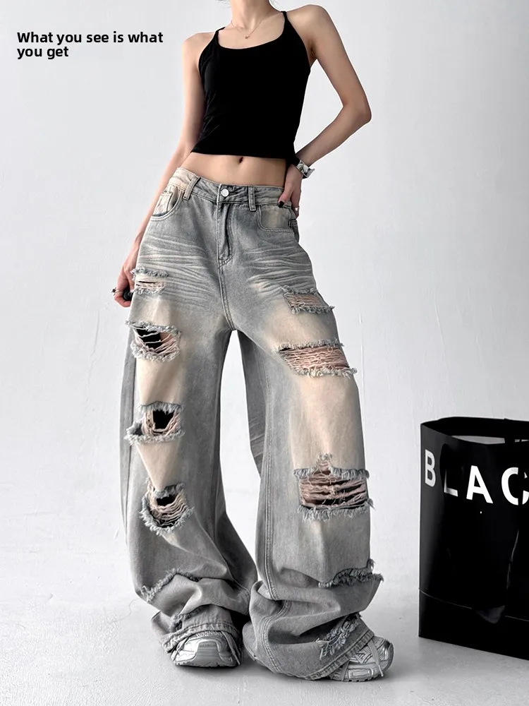

American Sle Faded Wide Leg Jeans Women's High Waist Loose Slim Straight Floor-Length Pants Summer New Arrival Cotton Elast...