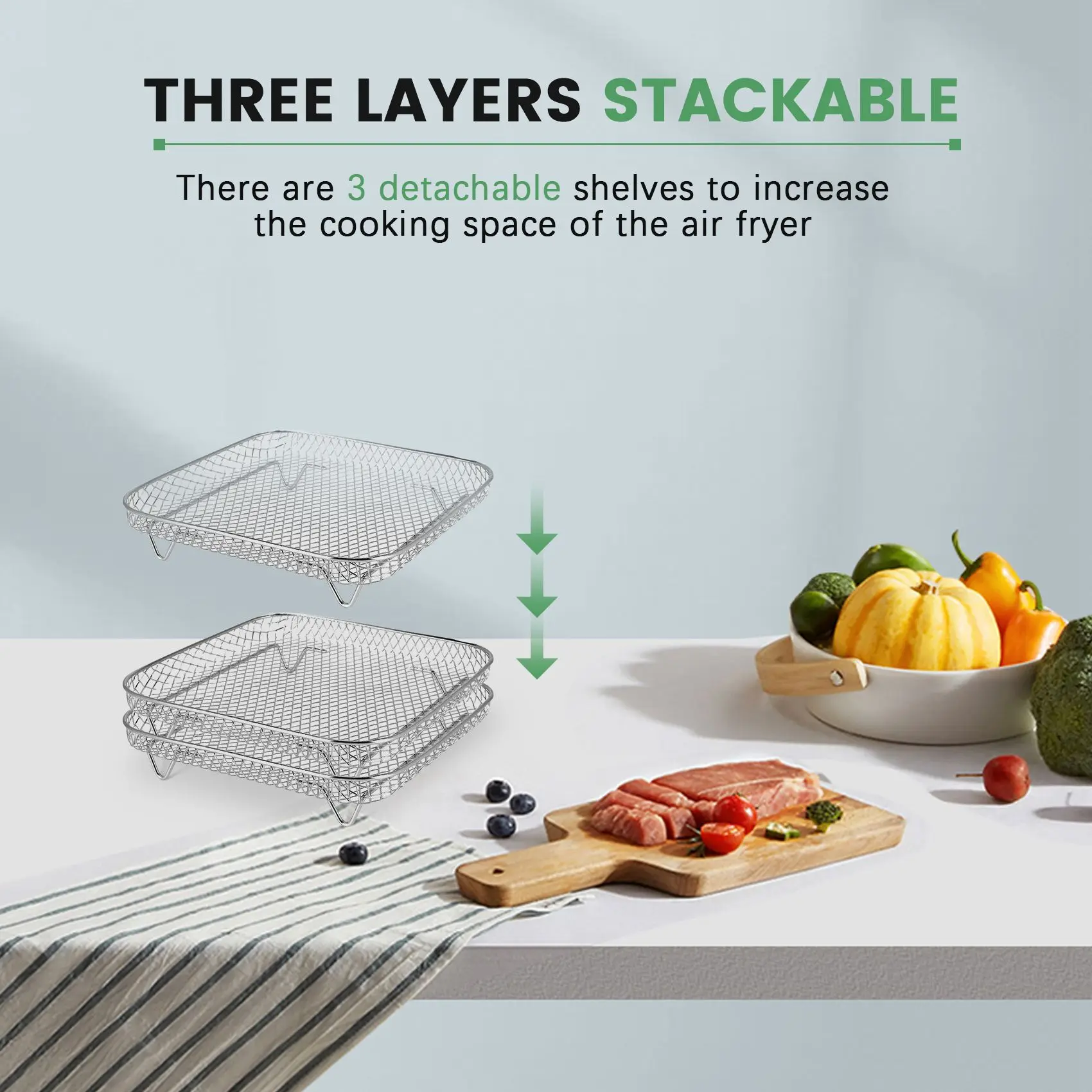 A38T-8 Inch Air Fryer Rack For Instant Vortex Air Fryer,For ,For COSORI Air Fryer,Square Three Stackable Dehydrator Racks