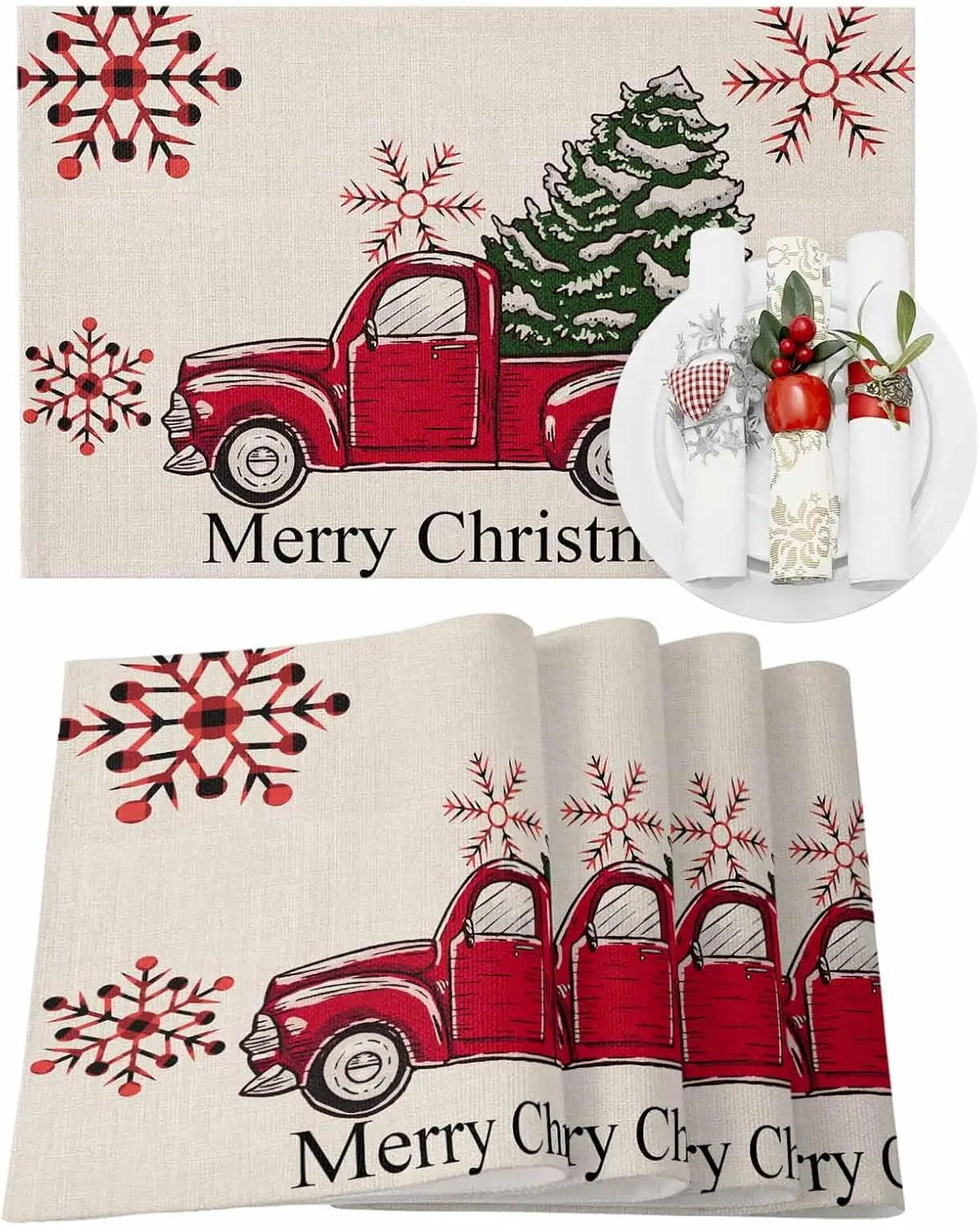 

Christmas Tree Red Snowflake Truck Table Mats for Kitchen Dining Decor Reusable Winter Xmas Placemats Navidad Decorations