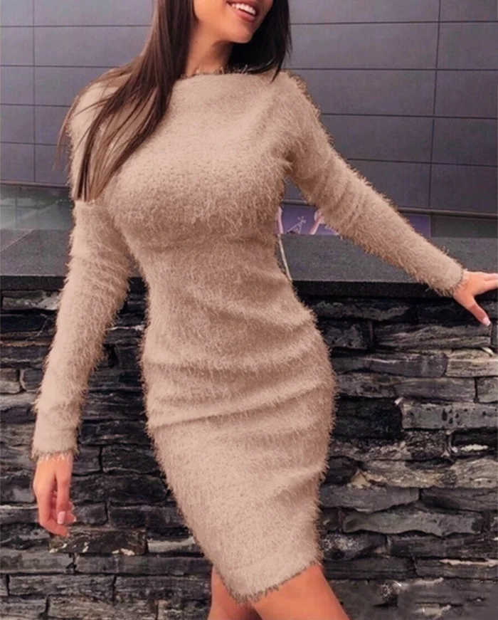 Autumn Winter Women's Sexy Slim Waist Long Sleeve Dress Plush Warm Sweater Elegant Dresses For Women