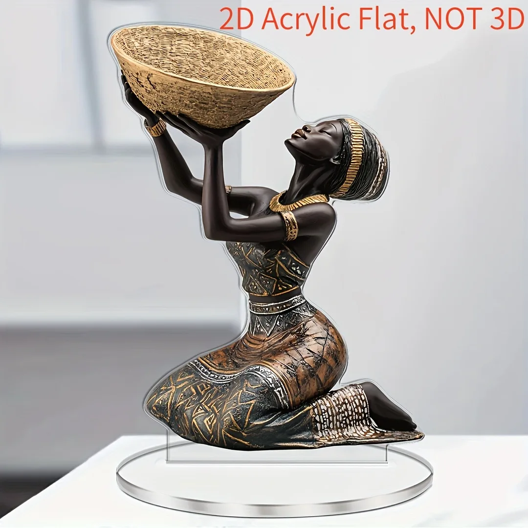 2D Flat African Girl Holding a Plate Sculpture Acrylic Tabletop Decorative Figure Vintage Collectible Craft Office Home Decor