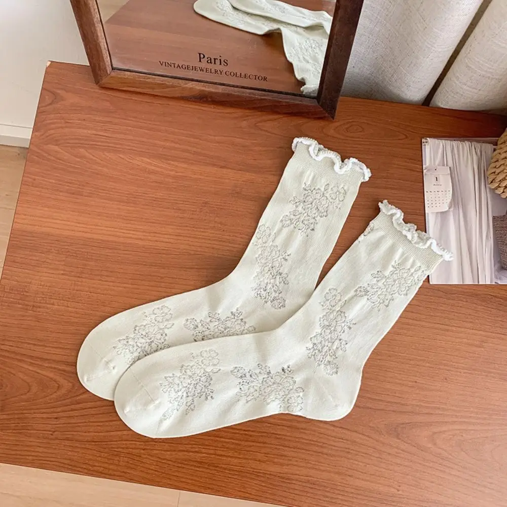 3Pairs موضة كشكش شبكة زهرة الجوارب تنفس لوليتا منتصف جوارب أنبوبية الجوارب النسائية Ins نمط الحلو الجوارب النساء الشارع الشهير