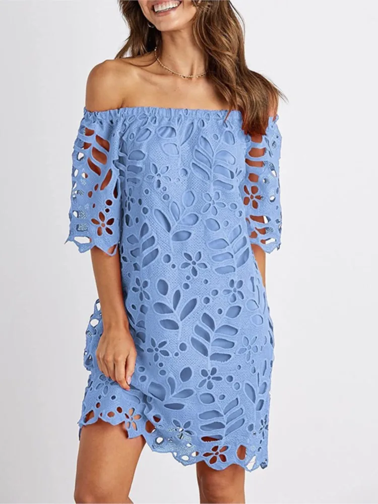 

Summer Lace Dress Woman Summer Clothes Streetwear Boat Neck Strapless Fashion Short Skirt Elegant Solid Pullover Dresses