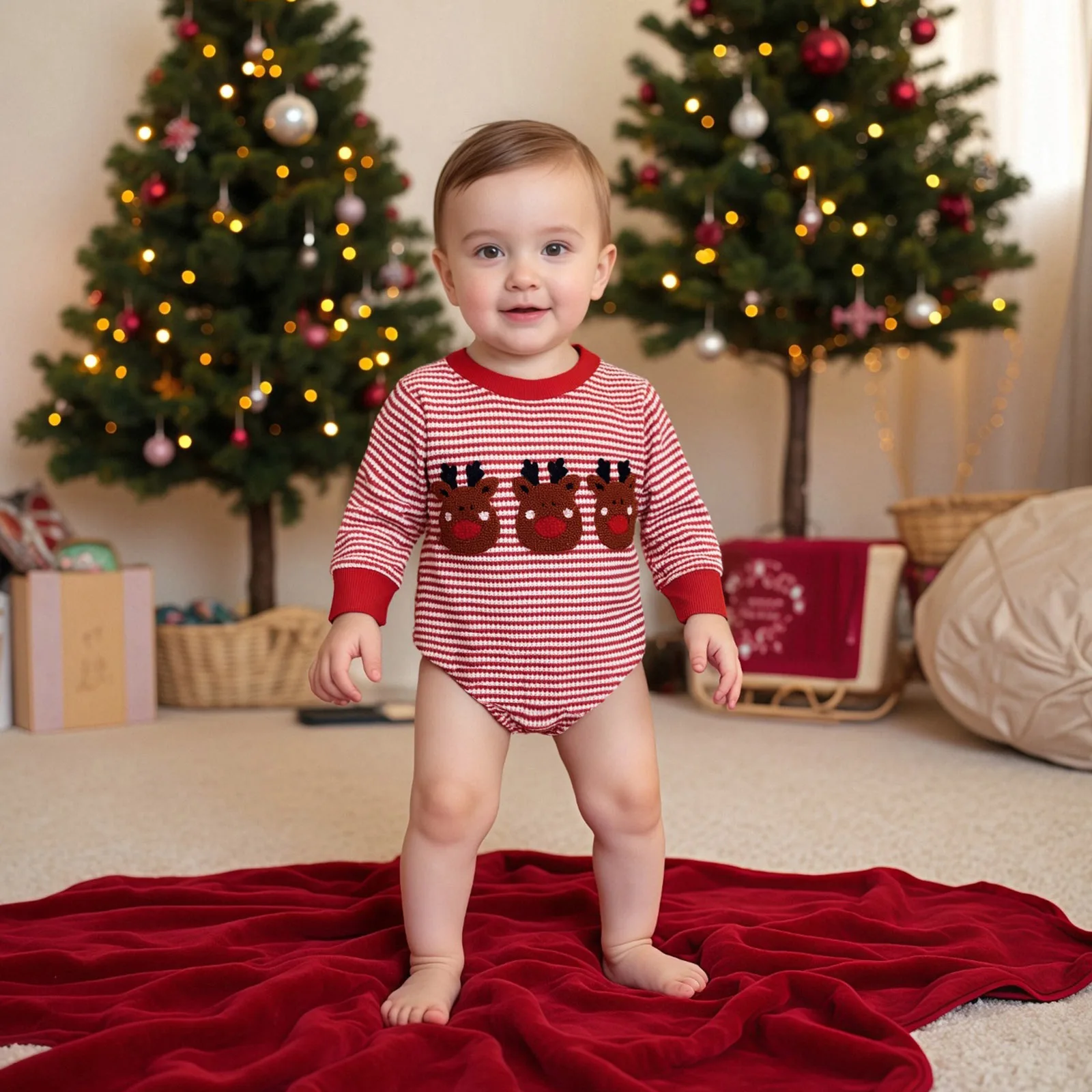 2026 السنة الجديدة عيد الميلاد طفل الفتيان بلوزات السروال القصير ملابس عيد الميلاد الغزلان التطريز شريط طويل الأكمام الخريف داخلية حللا
