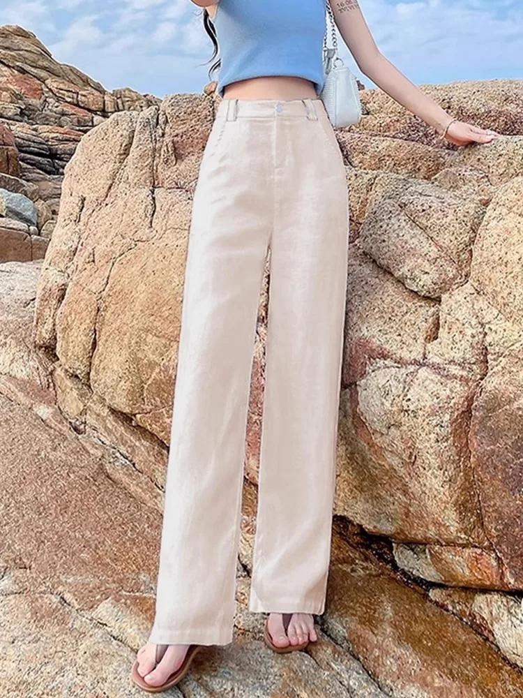 High-End Ice Silk Linen Women's Summer Thin Straight Leg Loose Lazy Style Draped Soft  Wide Leg Pants Commute Style