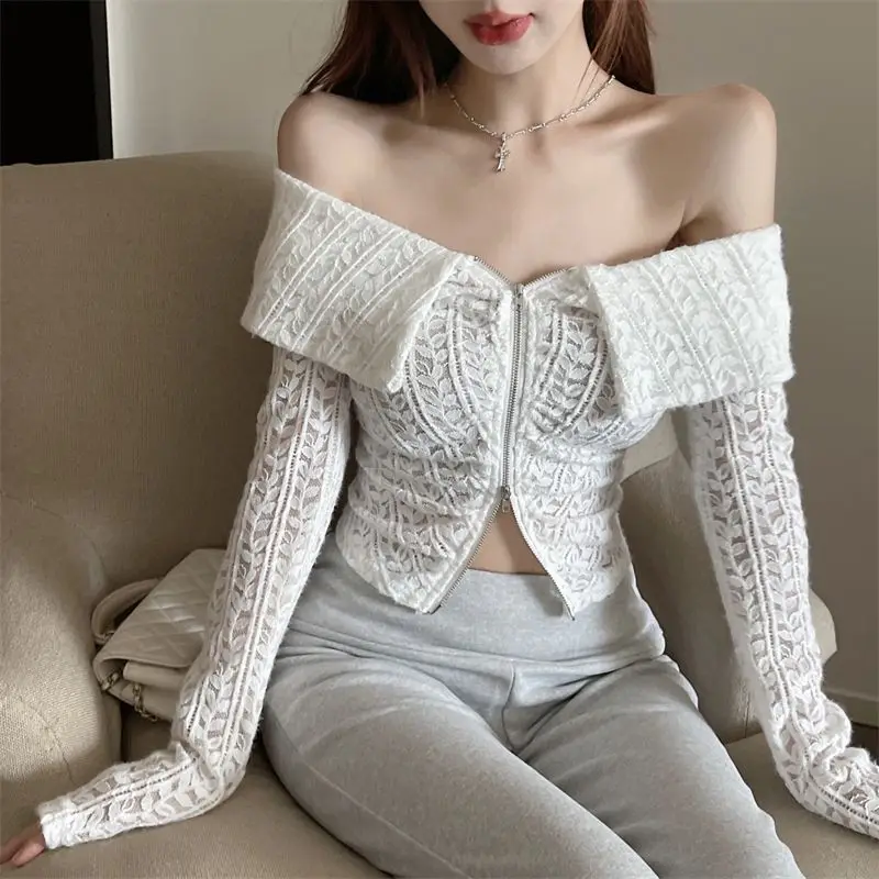 Kimotimo Solid V-Neck Off-Shoulder Zipper Lace Cardigan Women Autumn Long Sleeve Unique Design Slim Fit Sweet Cool Hot Girl Top