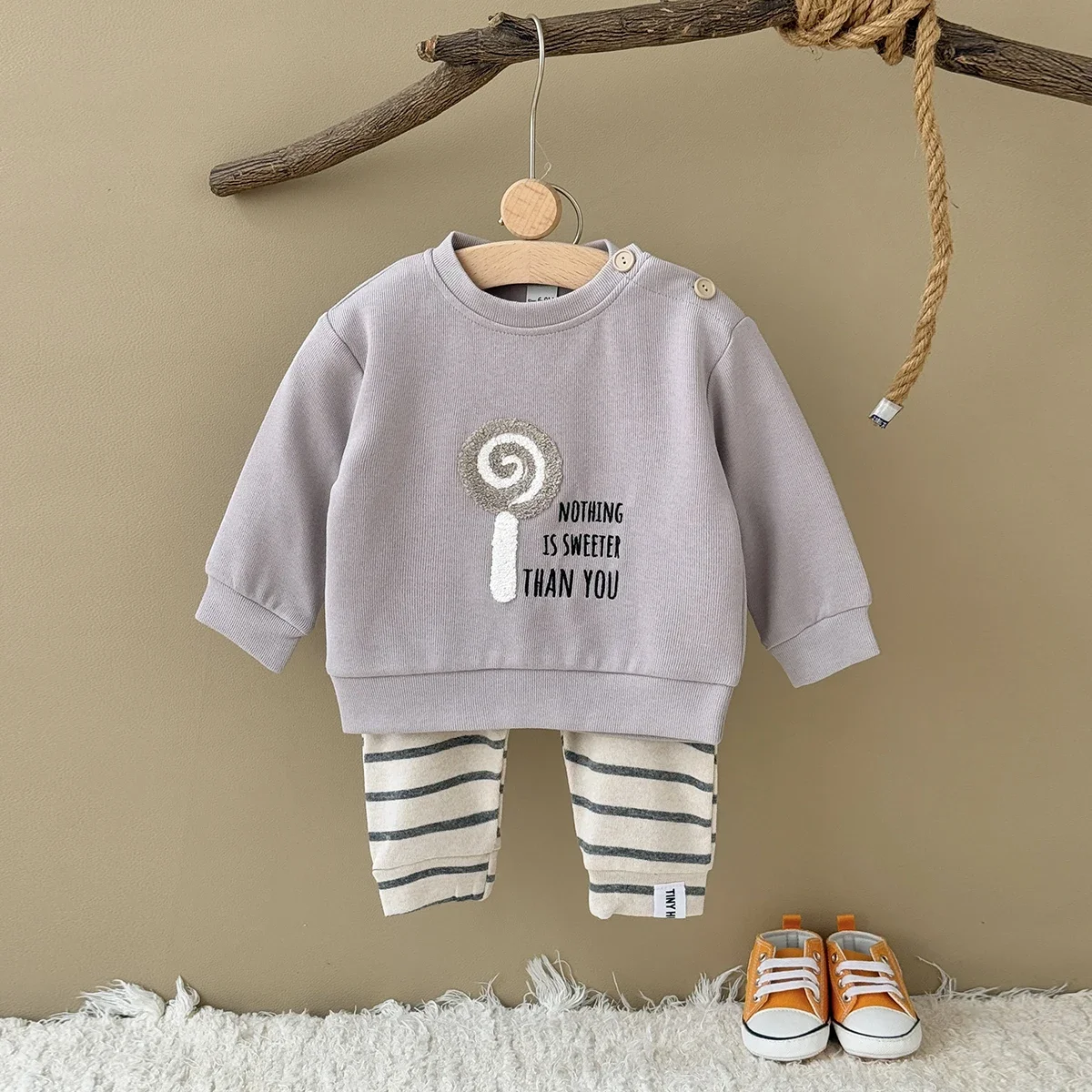 Baby Boys Girls Lollipop Flocked Sweatshirt Set Toddler Spring Autumn Rib Knit Top And Striped Pants 2Pcs Casual Outfit