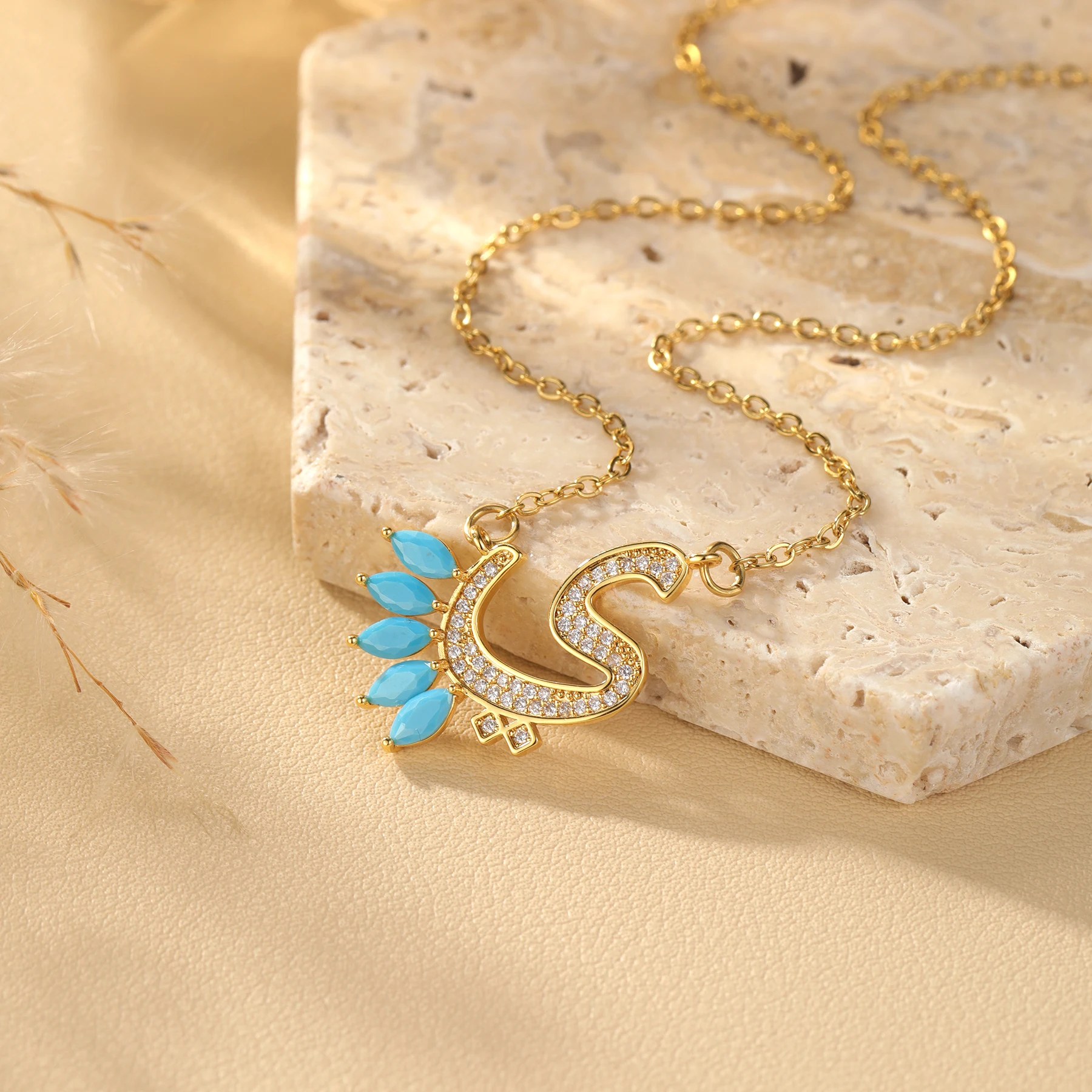 Arabic Letter Necklace Turquoise Zircon Letter Pendant Custom Arabic Jewelry 18k Gold Plated Necklace Personalized Muslim Gift