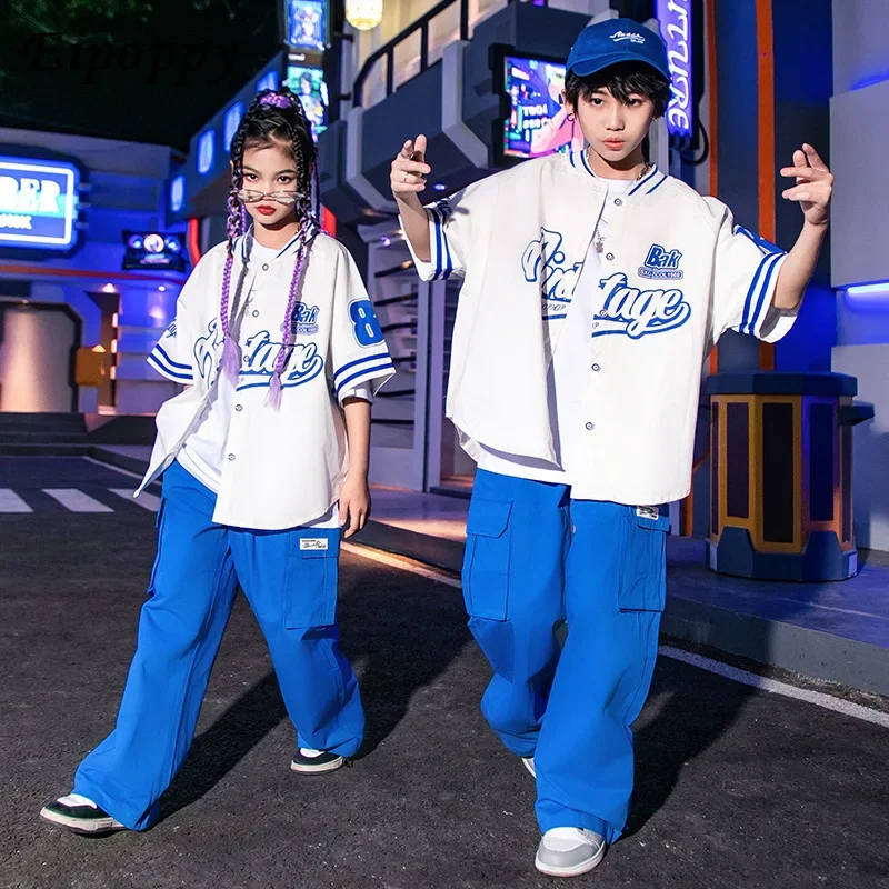 เสื้อผ้าอินเทรนด์ของเด็กฮิปฮอปชุด jaket baseball ฤดูร้อนสำหรับเด็กผู้ชายฮิปฮอปทอดสตรีทแดนซ์แจ๊สการแสดงสำหรับผู้หญิง