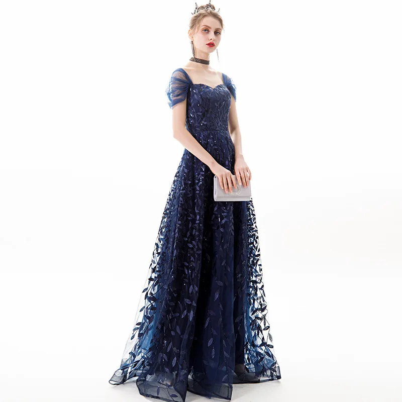 Elegant Sequined Flowers Sweetheart Cap Sleeves Long Formal Evening Prom Dress Deep Blue