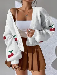 2026 New Low Shoulder Cherry Embroidered Pattern Cardigan Sweater Women's Loose Coat Knitted Sweater