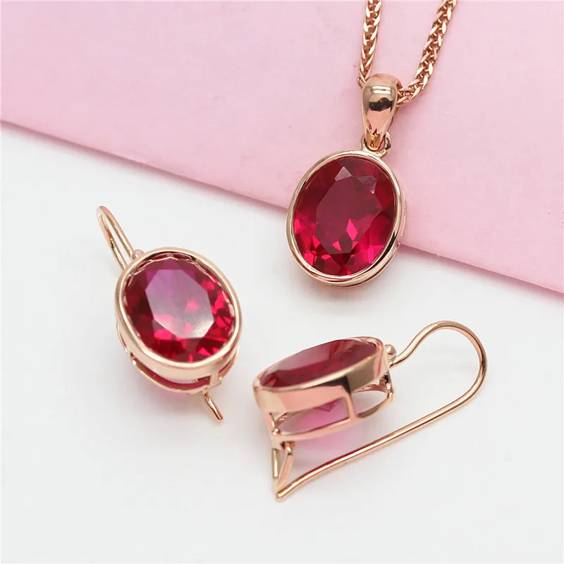 585 Purple Gold Simple Ruby Ladies Jewelry Set 14K Rose Gold Inlaid Oval Ring Earring Necklace Classic Glamour Party Jewelry