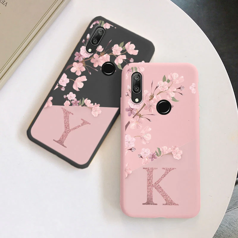 Initial Letter Silicone Phone Case For Huawei Y7 Prime 2019 Shell Retro Pink Flower Soft TPU Back Cover For Huawe Y7 2019 Capa