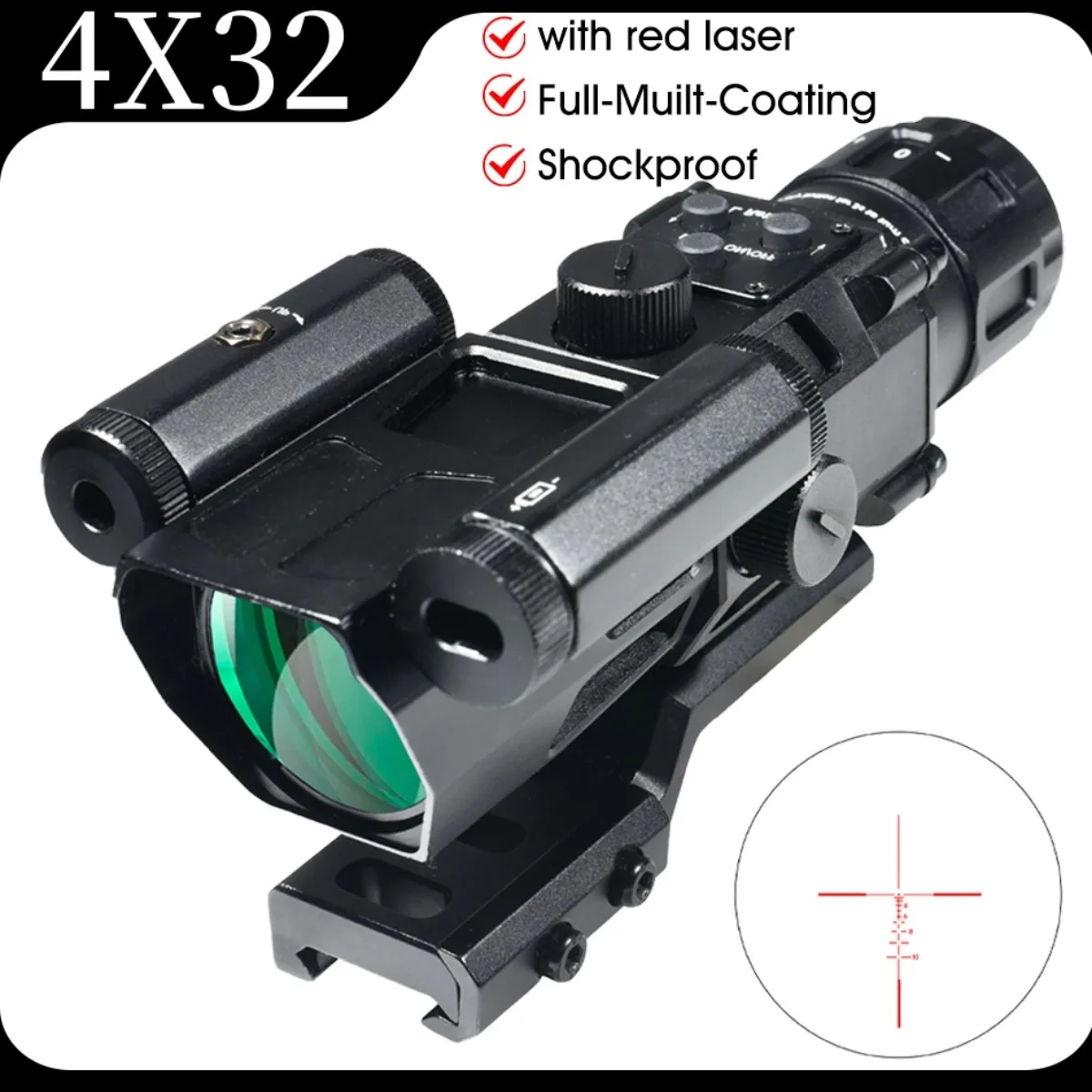 Tactical 4x32 Scope Prism Optical with Red Laser Combo Riflescope Crossbow Range Finder Reticle Hunting Airsoft Sight 20mm Rail