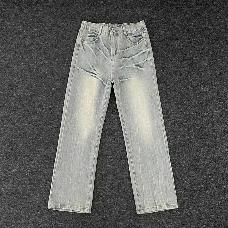 

Retro Washed Men's Jeans with Lightning Pattern Loose Straight Leg Casual High Waist Denim Pants Vintage Style Spring Autumn