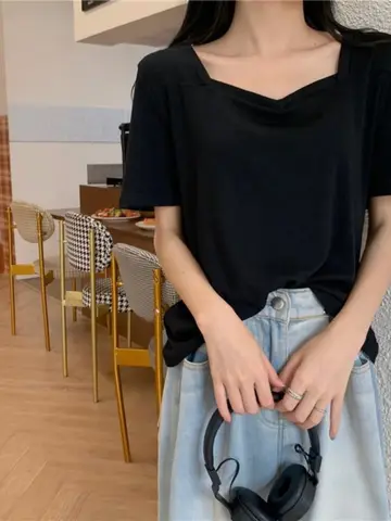 여성용 T셔츠 여성 여자 상의 상의 T셔츠 여름 여름용 여성용 큰 사이즈 큰사이즈 작은 디자인 독특한 사각형 목소매 사각 목소매 단팔 반팔 탑 티셔츠 상의