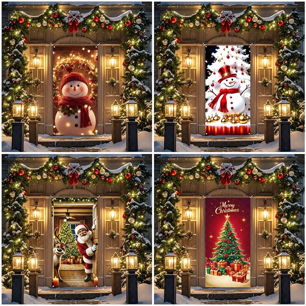 

Christmas Theme Santa And Elk Backdrops Snowman Hanging Door Banner Indoor Outdoor Veranda Xmas Curtain Cover Festive Supplies