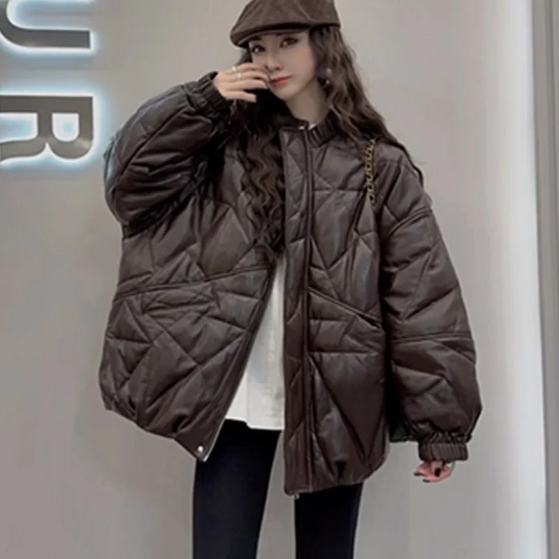 Ele round Ne down Jaet Leather Coat Women's 2024 Winter New Irregular ape European Sle Faionable Real Leather Top