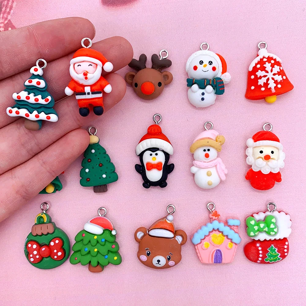 10pcs/Lots Cartoon Christmas Set Resin Charms Elk Santa Hat Socks Bell Snowman Pendant For Earring Keychain Diy Jewelry Make