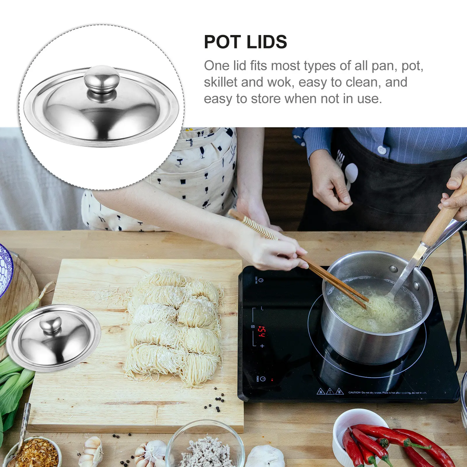 Stainless Steel Pot Lid Multipurpose Universal Pan Cover Replacement Lid Compatible with Pans Skillets Woks Easy Clean Store