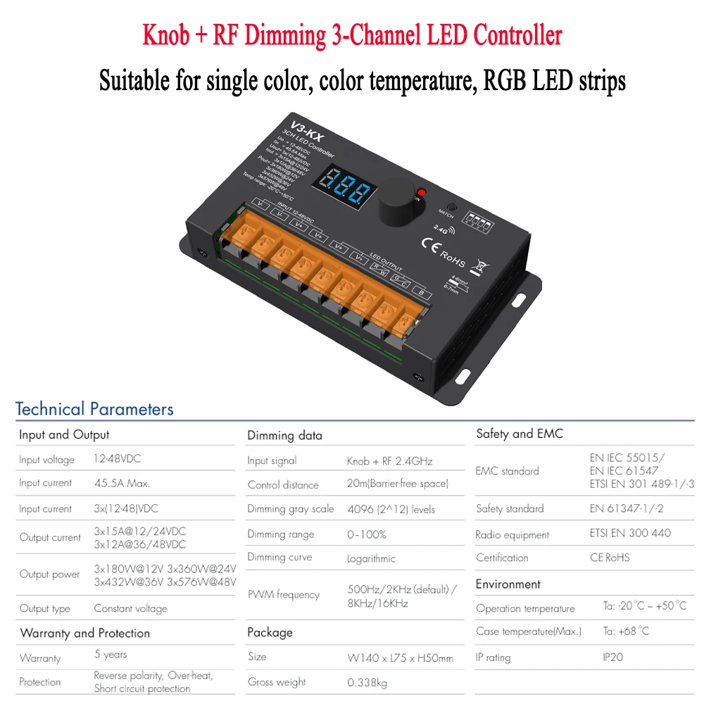 CENFAYAN Knob Controller Switch RGB CCT Single Color LED Light Dimmer 3CH Brightness Dimming for Multi-Color LED Light Strip 24V