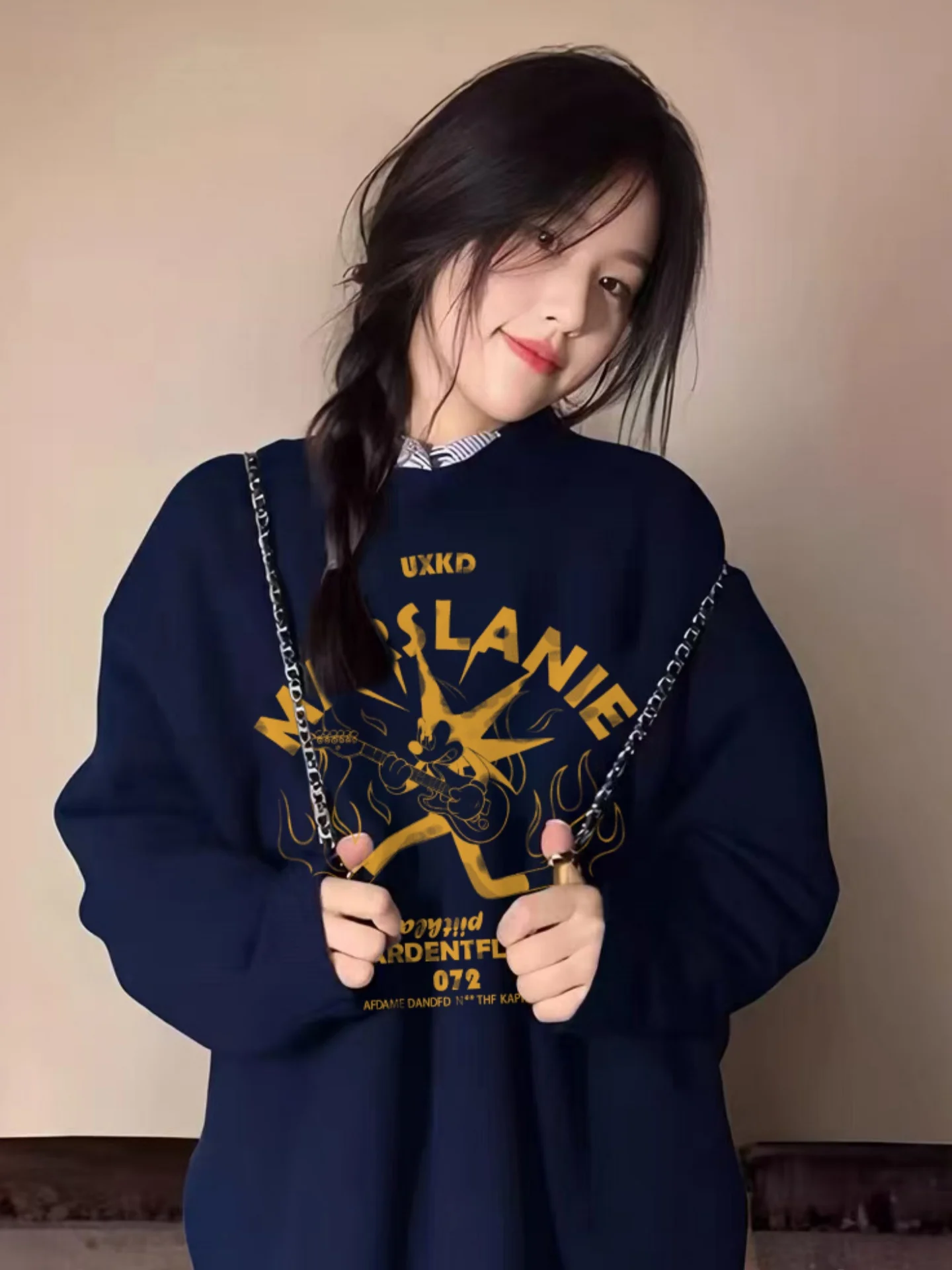 

American Retro Oversize round Ne Sweatirt Women's Loose Trendy Brand High-End Feeling Top Heavyweight Blue New 2025