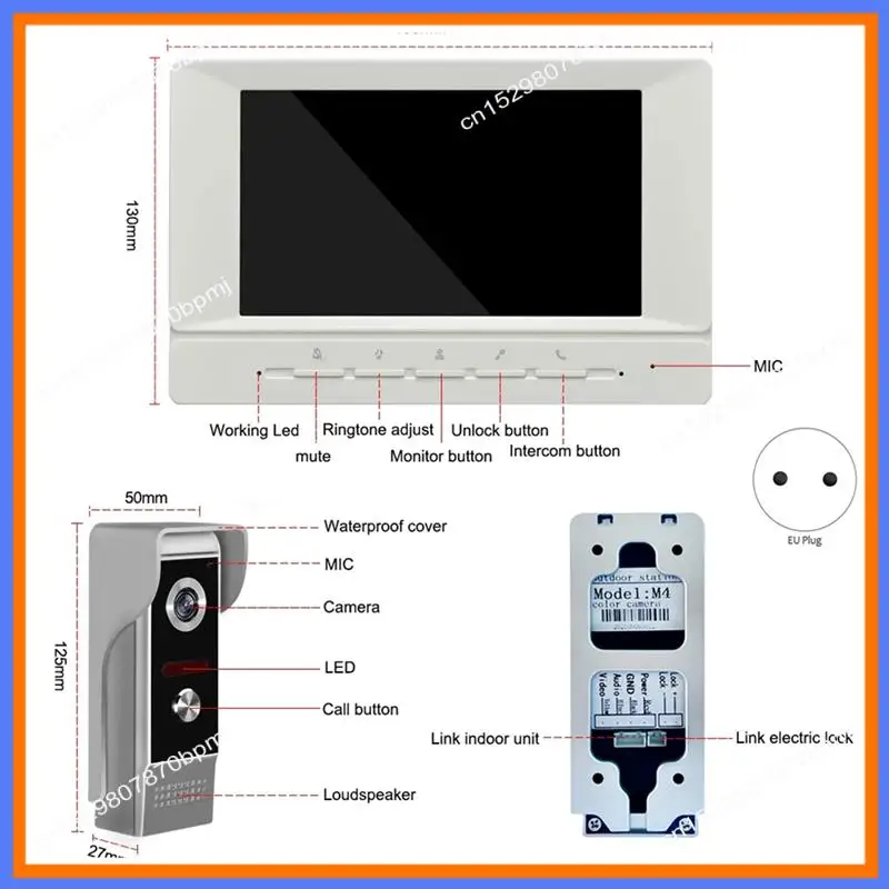 BAAE Video Intercom System Video Doorbell 7 Inches Support Unlock Monitoring For Villa Home EU Plug