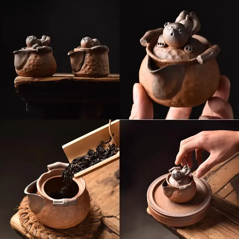 

【CHIMU HOME】 Retro Light Coarse Pottery Handmade Mini Infuser Teapot with Anti-Scalding Handle for Brewing and