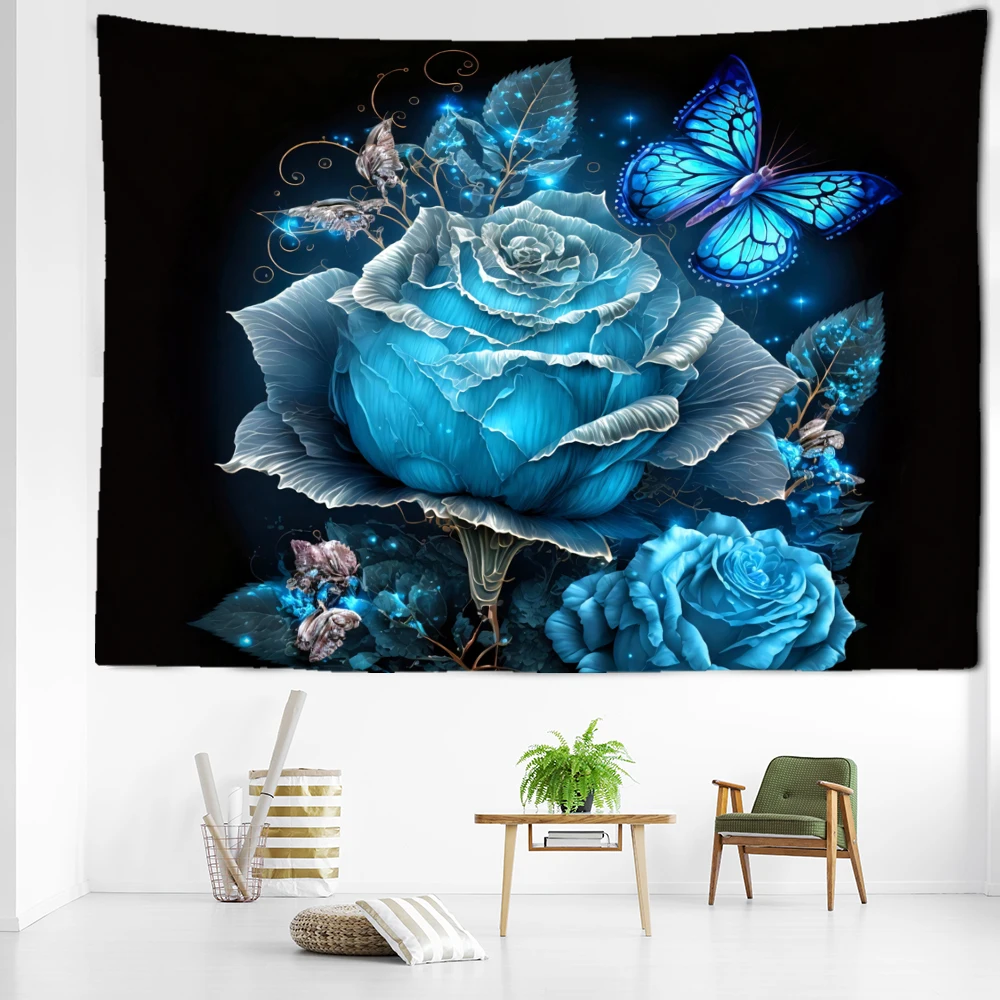 Blue Rose Butterfly Tapestry Wall Hanging Simple Abstract Mysterious Art Bohemian Living Room Bedroom Home Decor