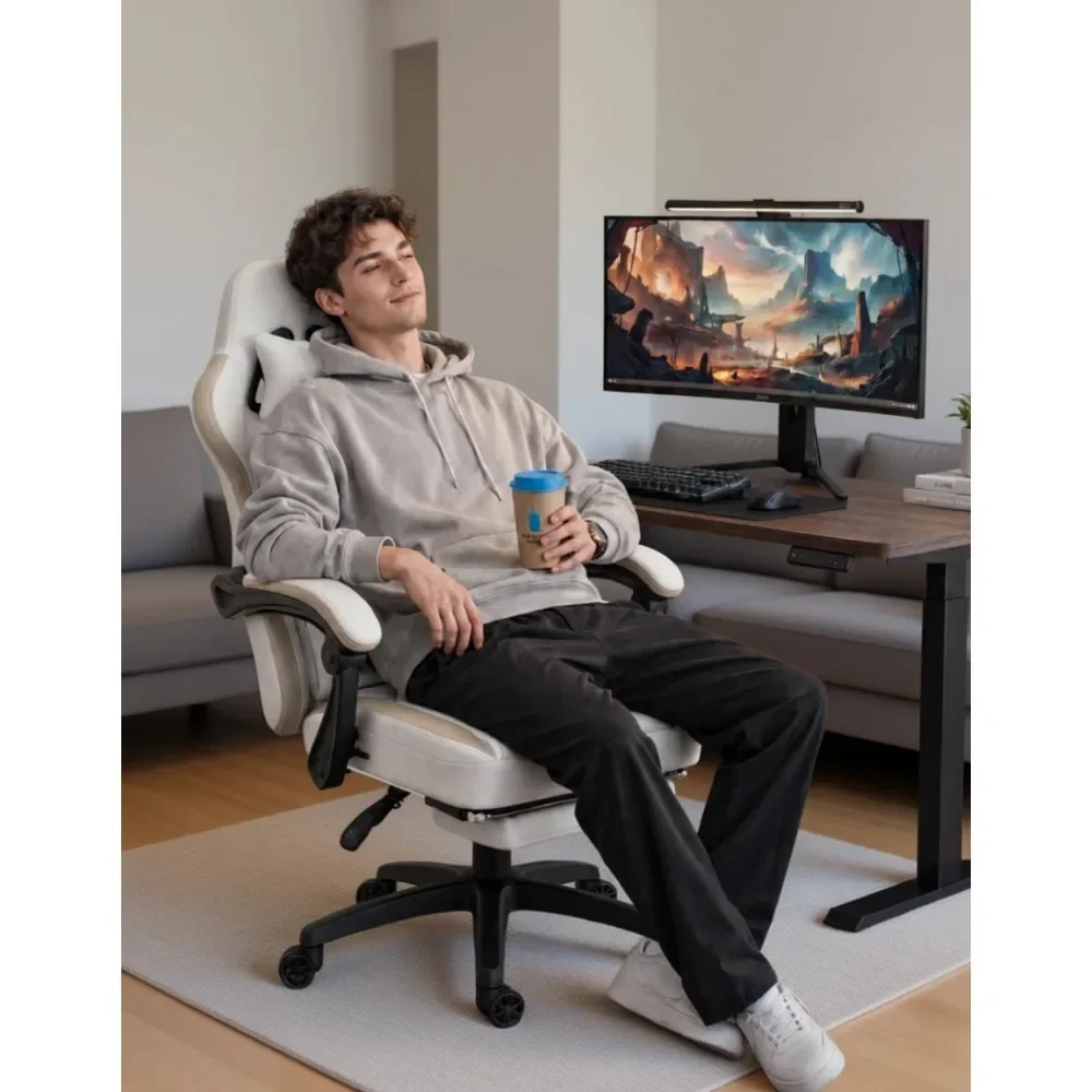 Breathable fabric game chair, pocket spring seat cushion, gel cushion, comfortable office chair, storage bag, massage function, beige
