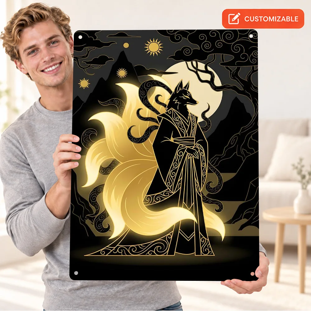 Nine-Tailed Fox Spirit Textured Metal Poster Personalized Aluminum Sign Vector Illustration Wall Art For Bedroom Book Lover Gift